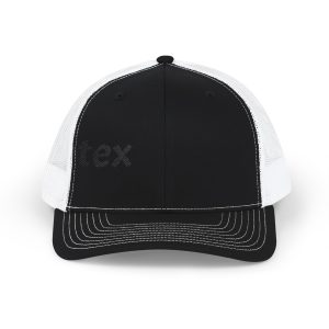 The Embroidered Trucker Snapback Cap — Classic Mesh Baseball Hat features a black front panel, white mesh sides, subtle stitched text on the left, and white stitching on the brim and panels.