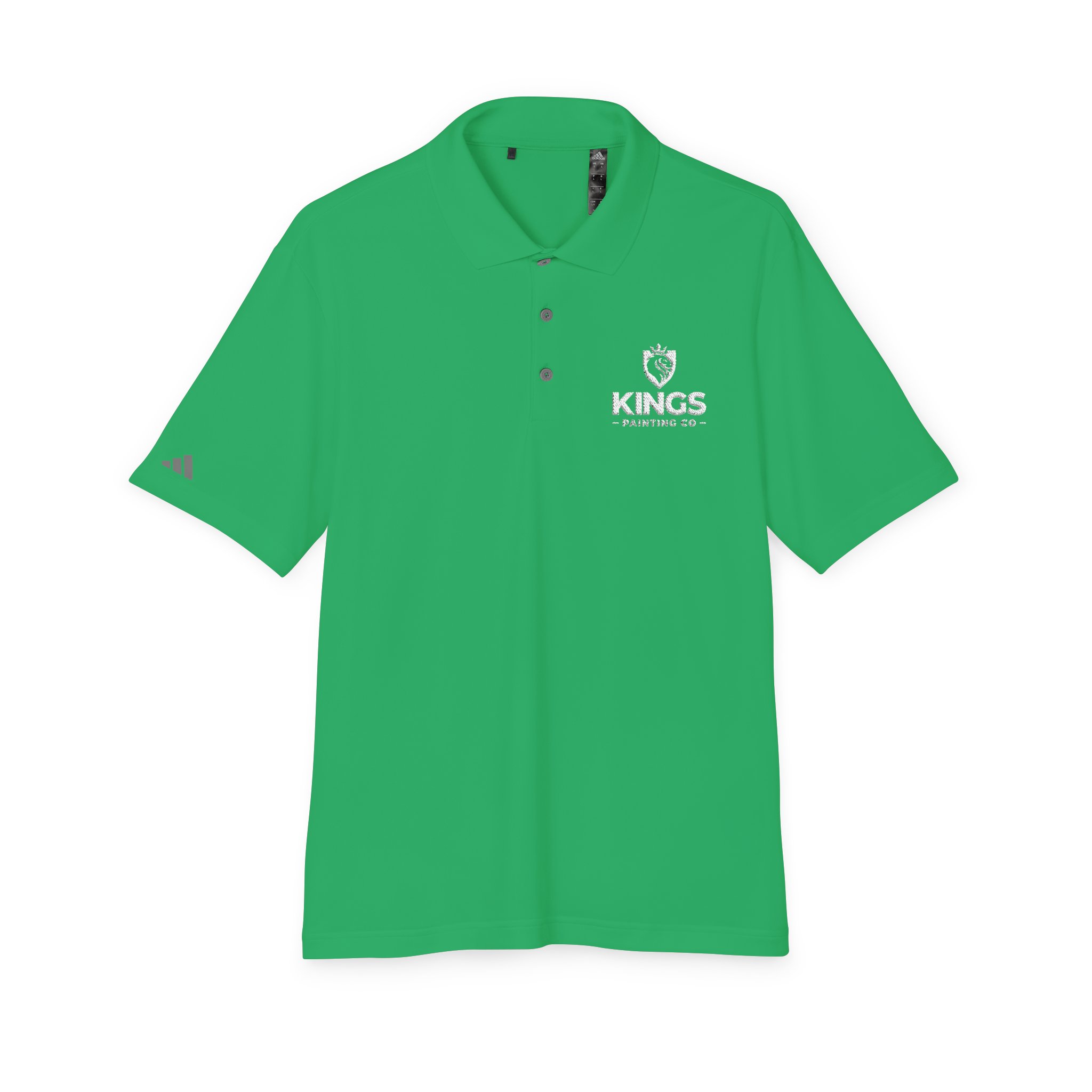 A green Kings Painting Co. Performance Polo by Under Armour® featuring "KINGS PAINTING CO." and a crown logo in white on the left chest, a small triangular logo on the left sleeve, and a three-button placket.