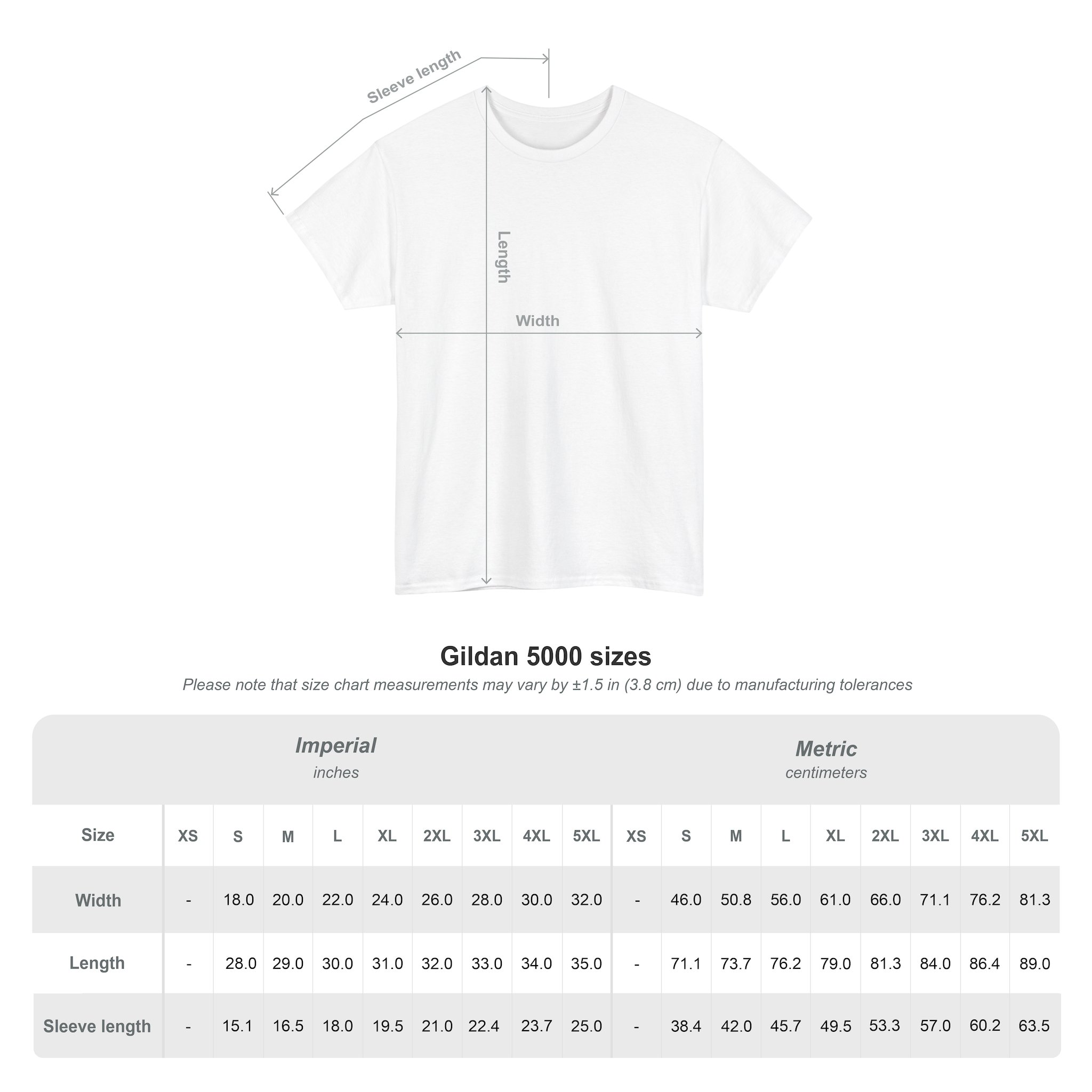 White t-shirt displaying labeled size measurements (sleeve length, width, length). Below, a Gildan Ultra Cotton (G5000) size chart for the Kings Painting Co. Logo T‑Shirt (Pocket Logo & Back Graphic) compares these measurements in inches and centimeters for sizes XS to 5XL.