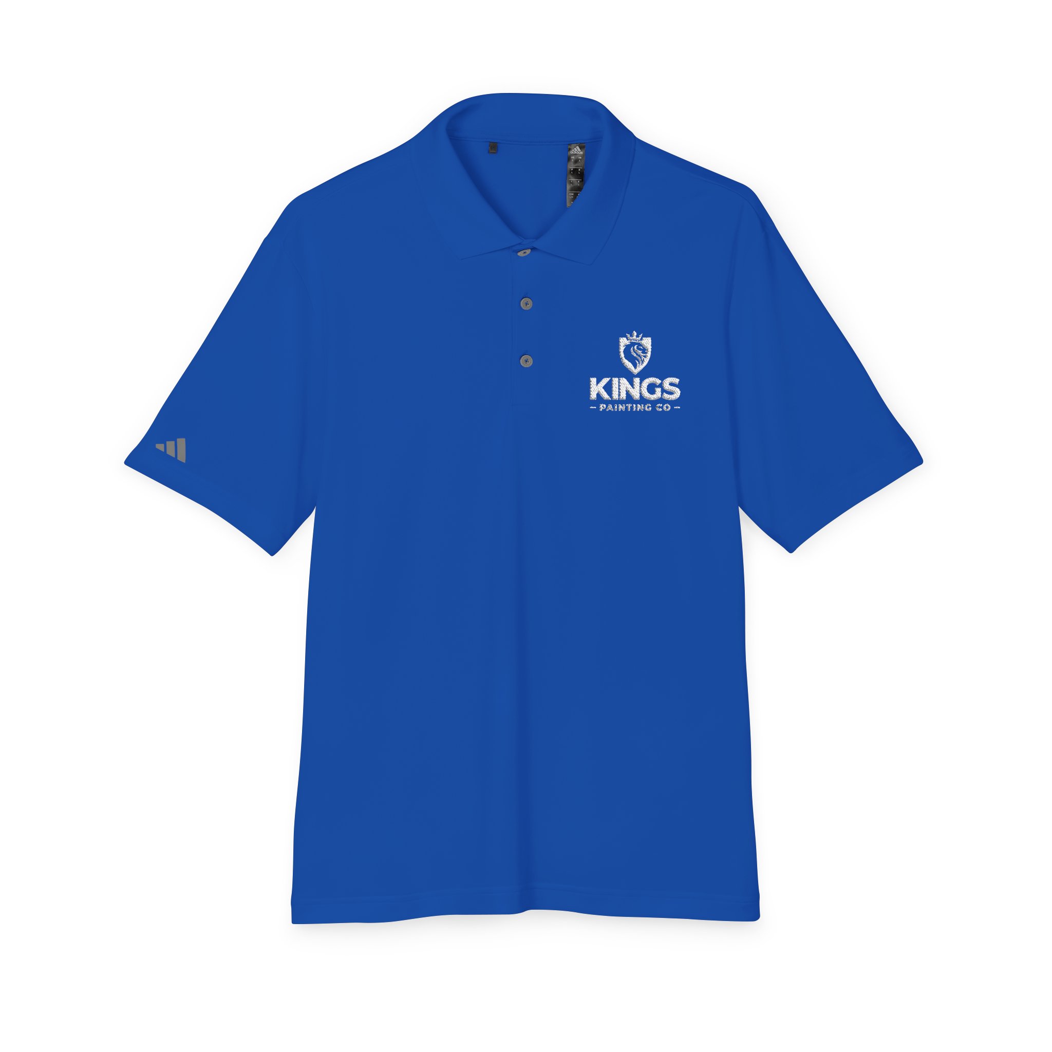 Here’s a rewritten version using your product data: The Kings Painting Co. Performance Polo by Under Armour® features a bright blue short-sleeve design with the “KINGS PAINTING CO.” white logo on the left chest and a small gray Under Armour® logo on the right sleeve. This polo includes a classic three-button collar and is displayed laid flat on a white background.